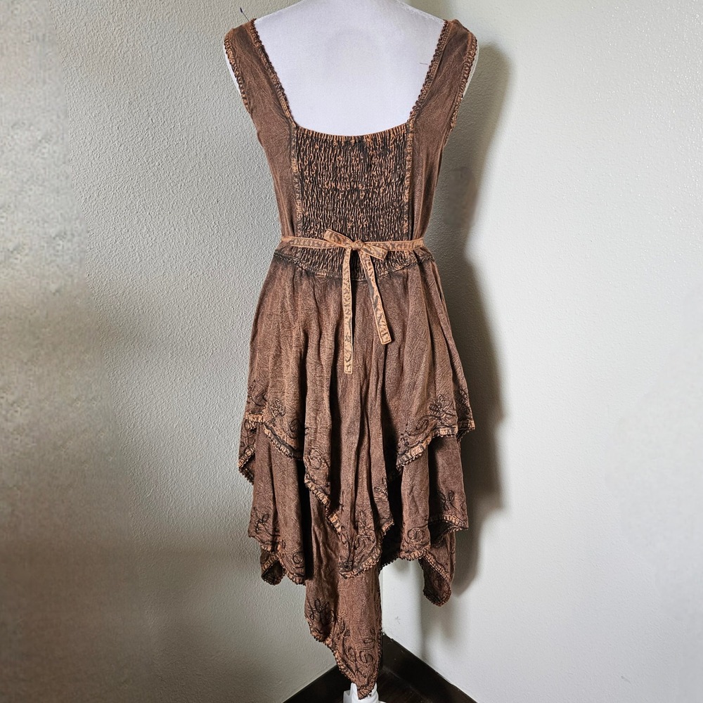 Flower Brown Boho Embroidered Handkerchief Hem Dress - Picture 3 of 4
